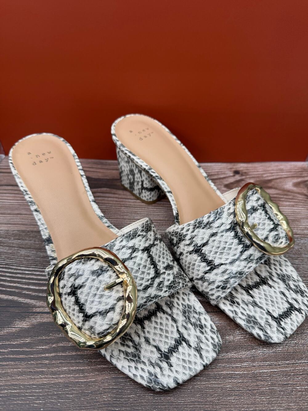 A New Day Snake Print Block Heel Slide Sandals Gold Buckle Size 9